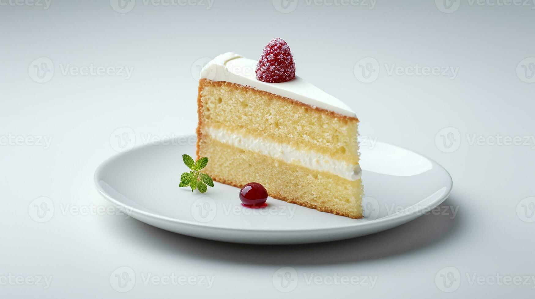 foto di fetta di genoise torta su bianca piatto. generativo ai