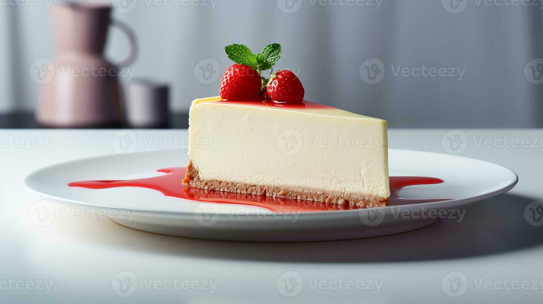 foto di fetta di formaggio torta su minimalista tavolo. generativo ai