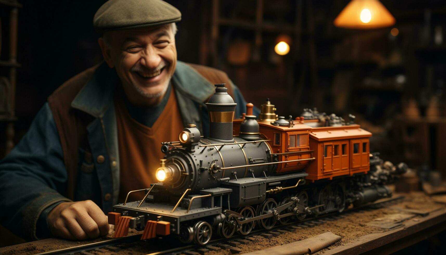 sorridente adulto artigiano Lavorando su un vecchio vapore locomotiva generato di ai foto