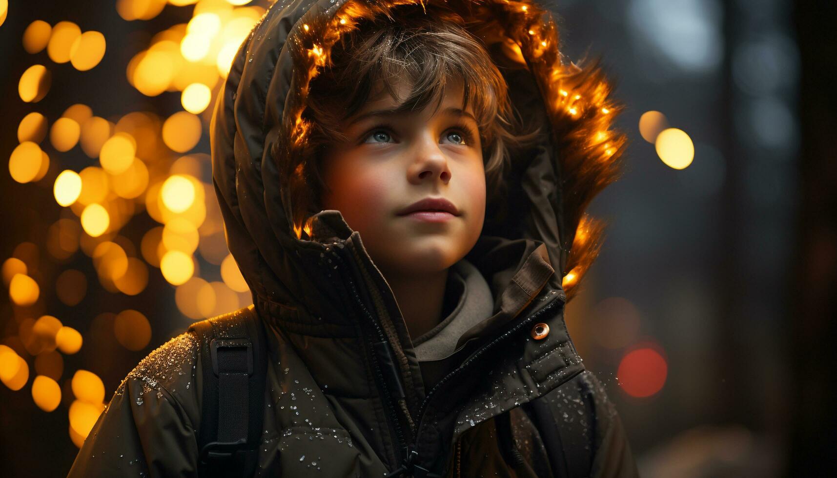 un' carino sorridente bambino all'aperto nel inverno, guardare a telecamera generato di ai foto