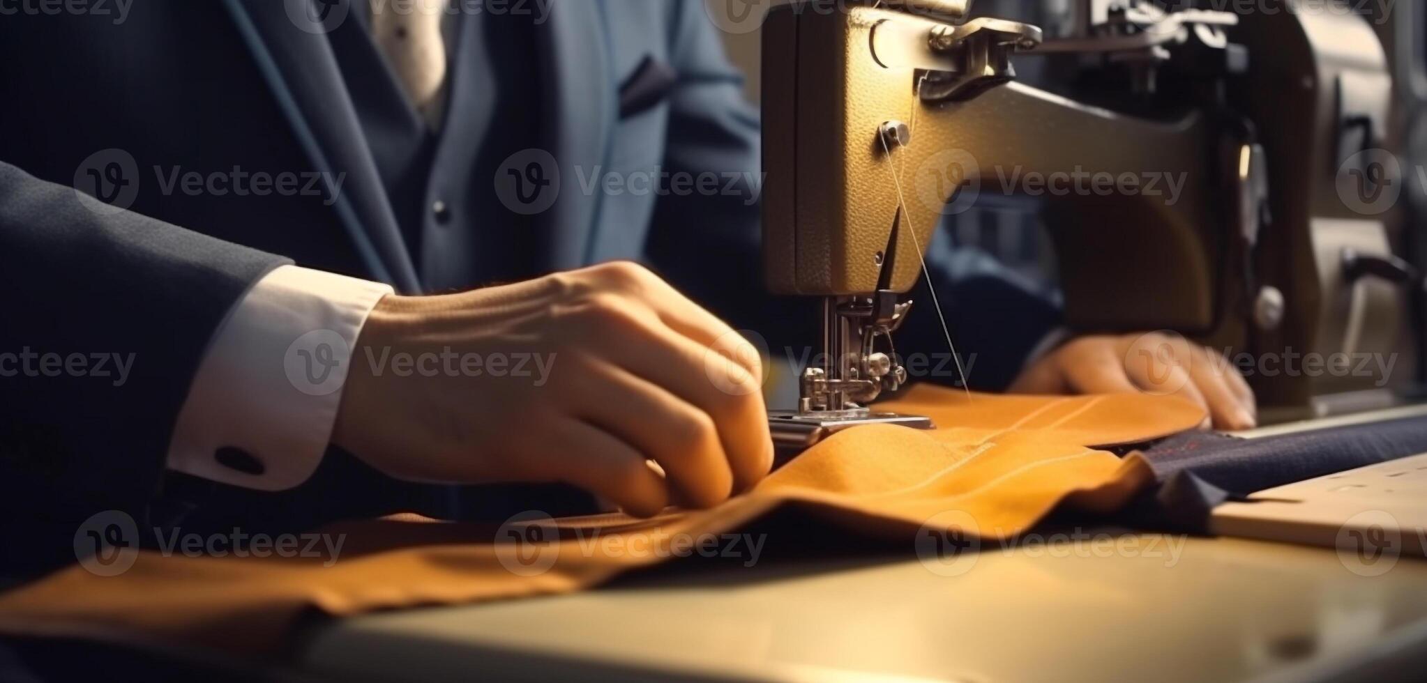 il sarto cuce vestiario, moda industria Lavorando con tessile Materiale generato di ai foto