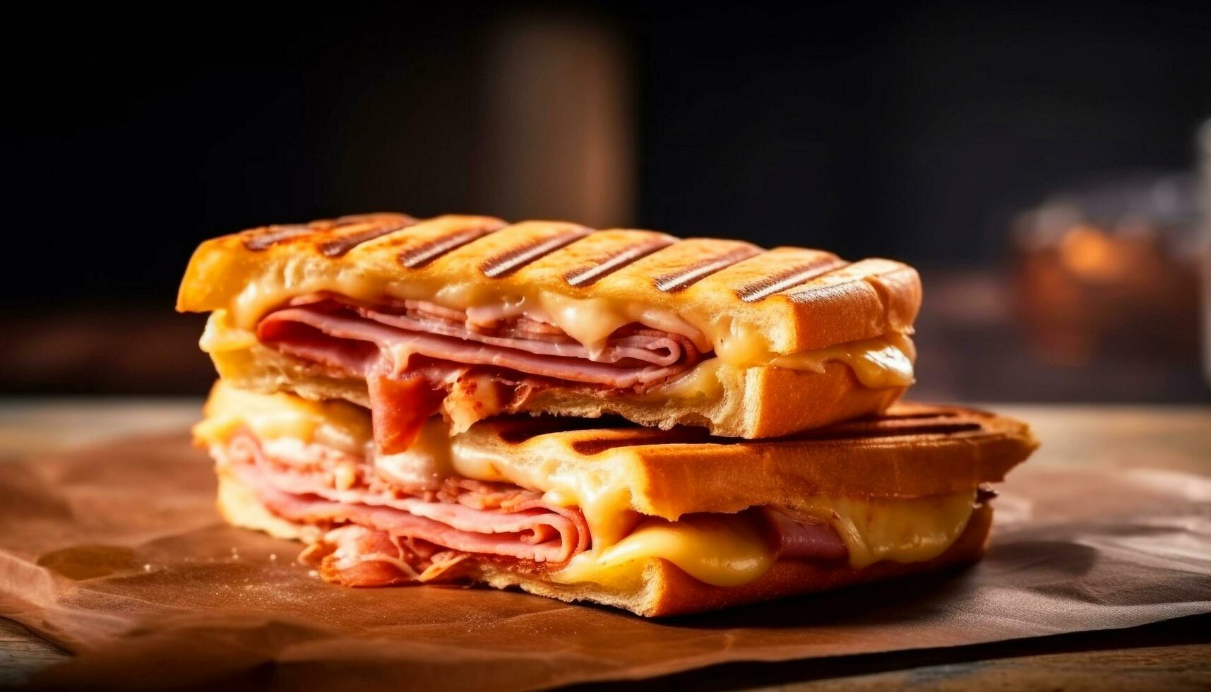 freschezza e buongustaio nel un' rustico Sandwich, pronto per mangiare e fatti in casa generato di ai foto