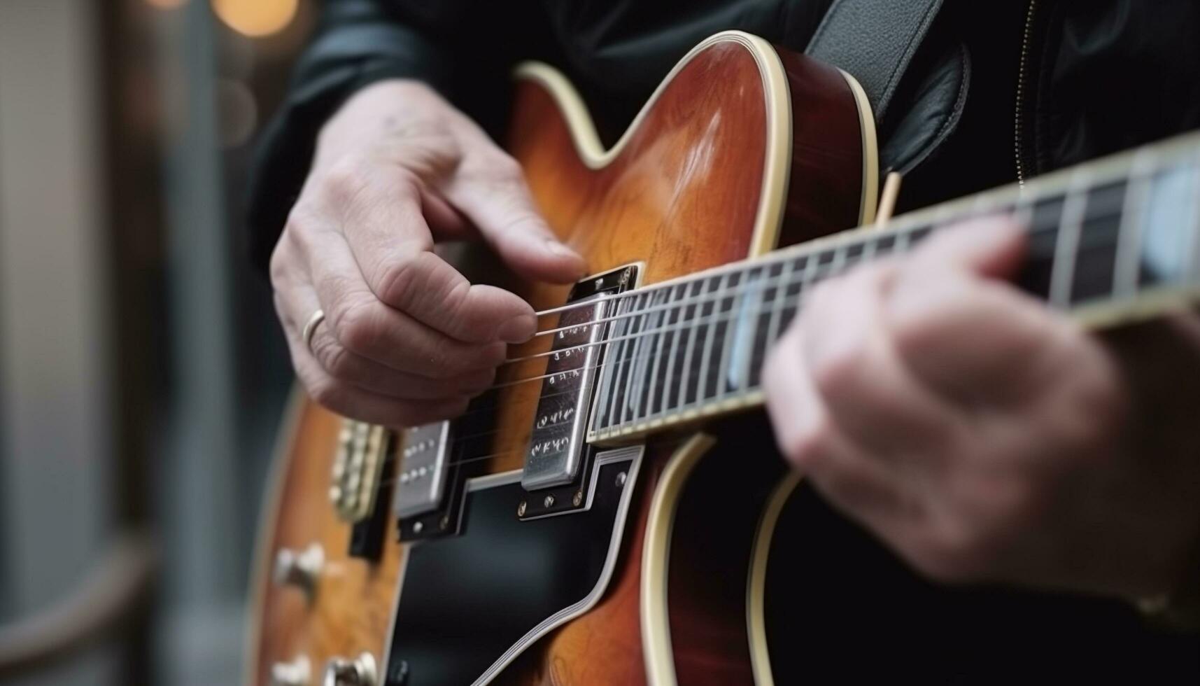 un' chitarrista giocando un acustico chitarra, spiumatura stringhe con dita generato di ai foto