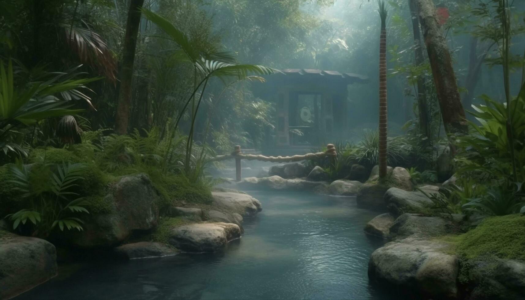 natura bellezza tropicale foresta pluviale, tranquillo scena, fluente acqua, verde fogliame generato di ai foto