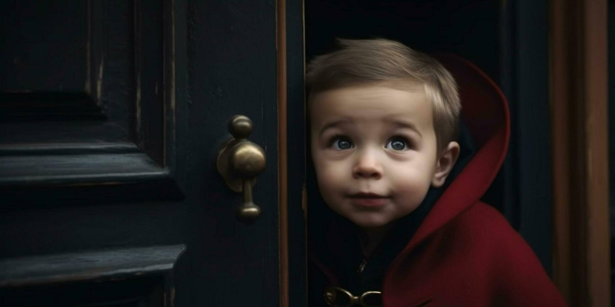 carino bambino piccolo sorridente, guardare a telecamera, giocando all'aperto con gioia generato di ai foto