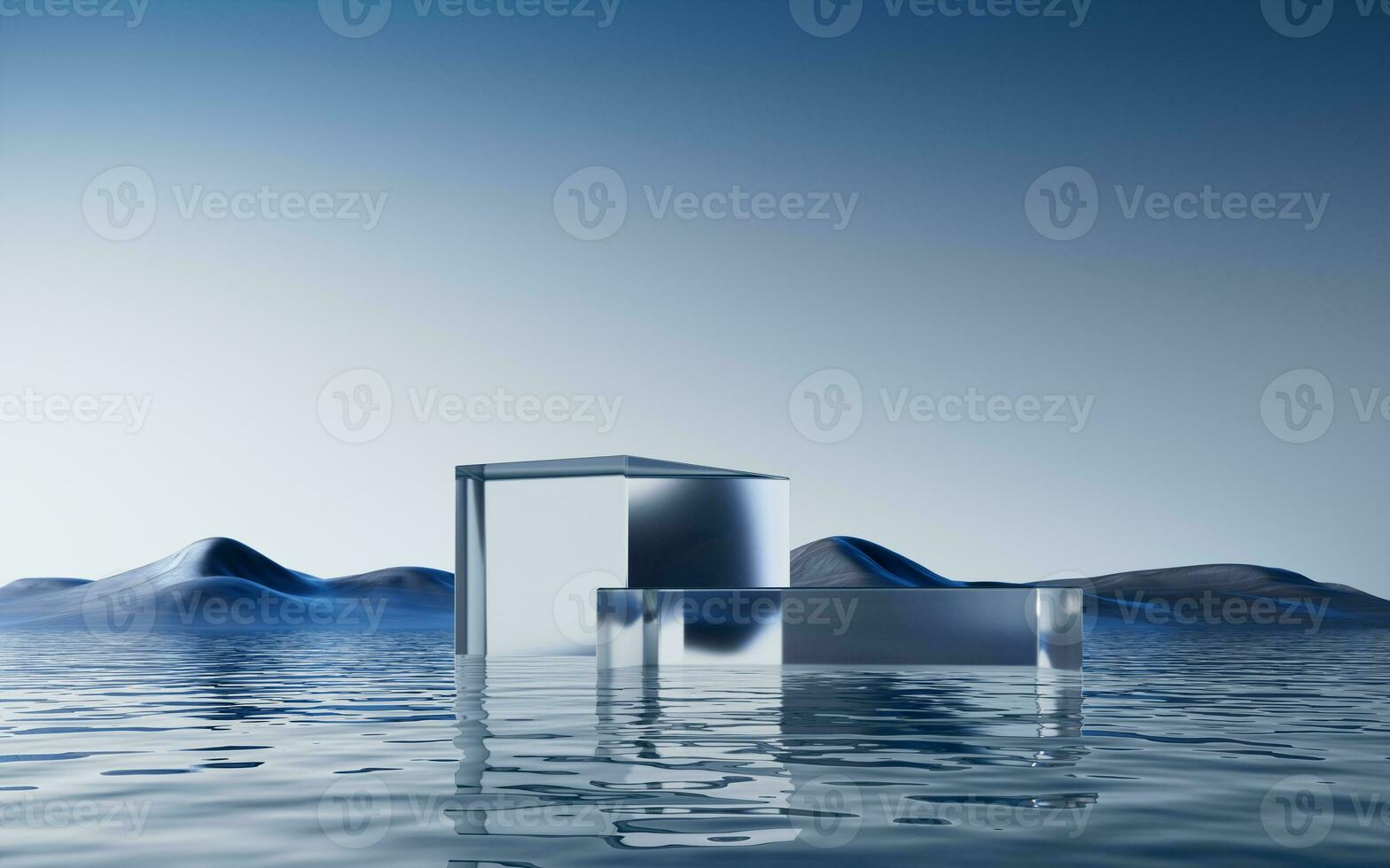 trasparente bicchiere palcoscenico con acqua sfondo, 3d resa. foto