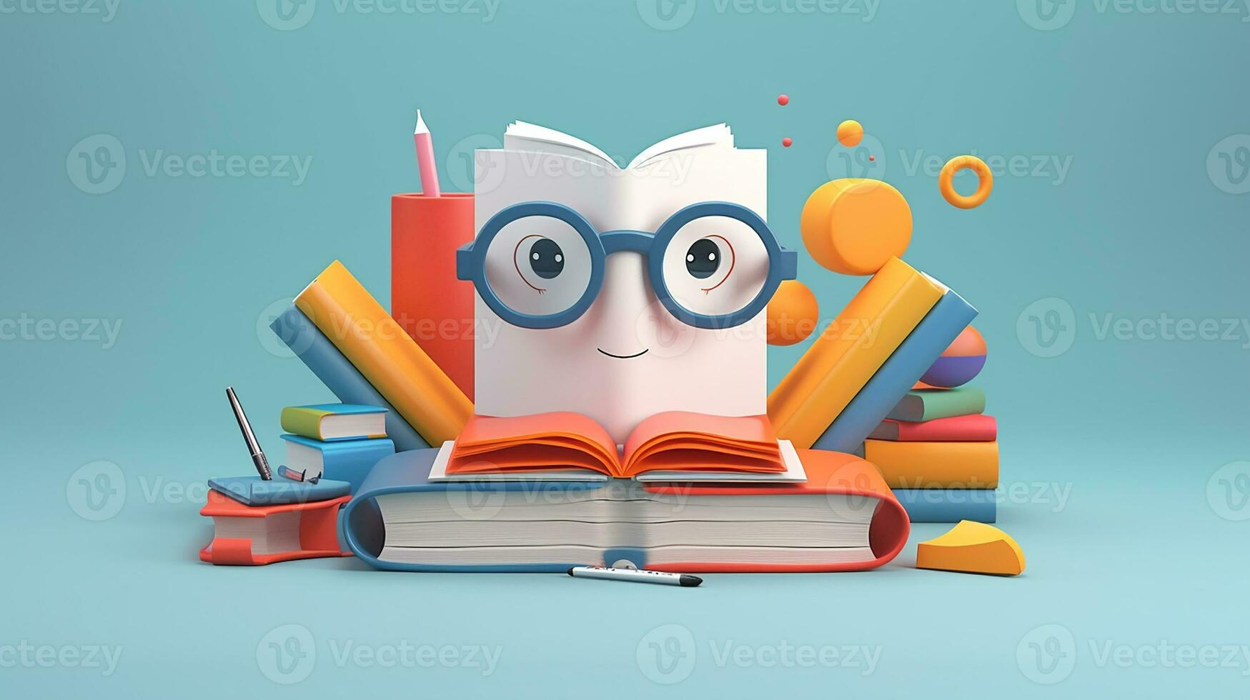 3d illustrazione di formazione scolastica concetto, pila di libri con esclamazione marchio. generativo ai foto