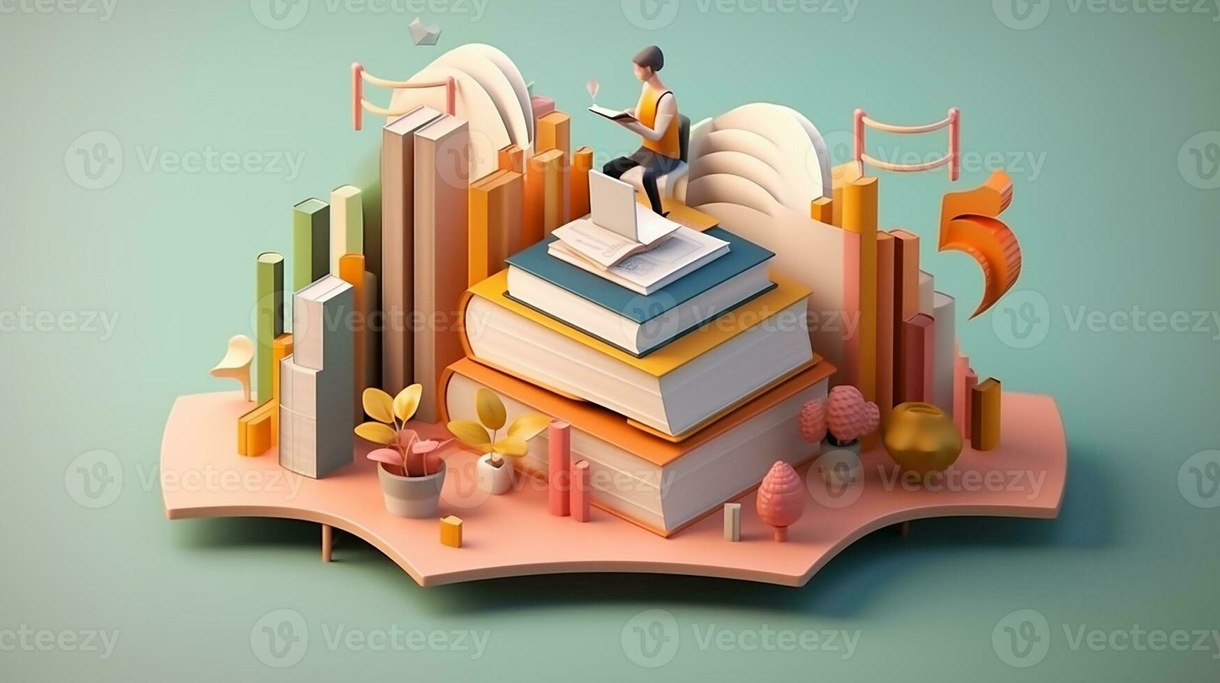 3d illustrazione di formazione scolastica concetto, pila di libri con esclamazione marchio. generativo ai foto