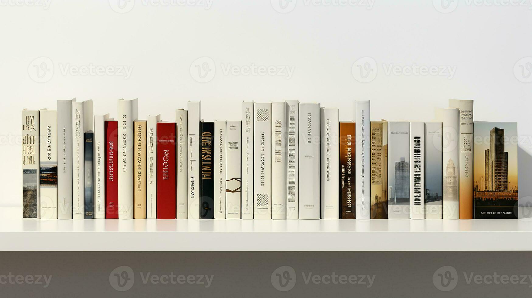 3d interpretazione di un' libro mensola con libri nel davanti di grigio sfondo. generativo ai foto