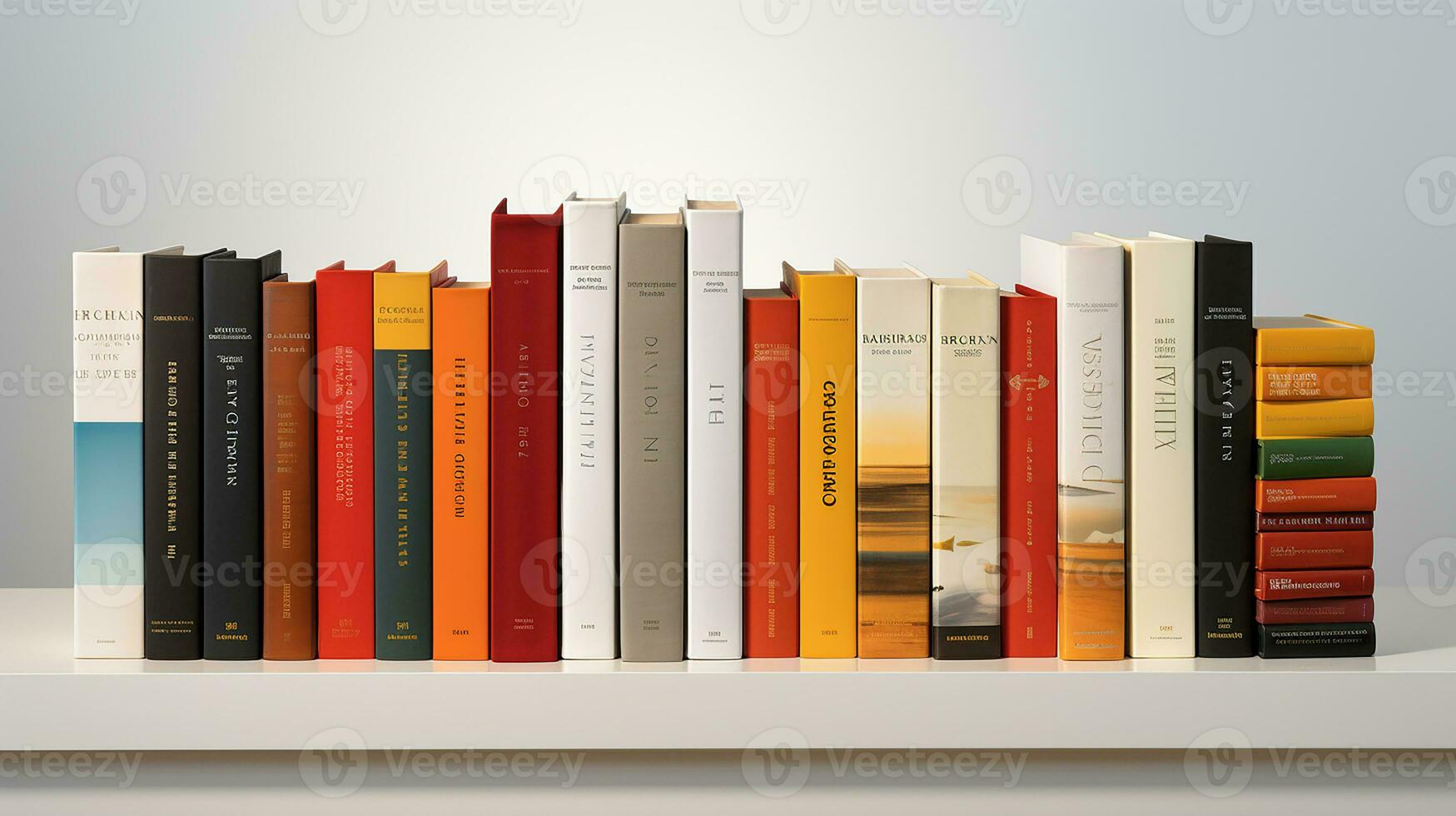 3d interpretazione di un' libro mensola con libri nel davanti di grigio sfondo. generativo ai foto