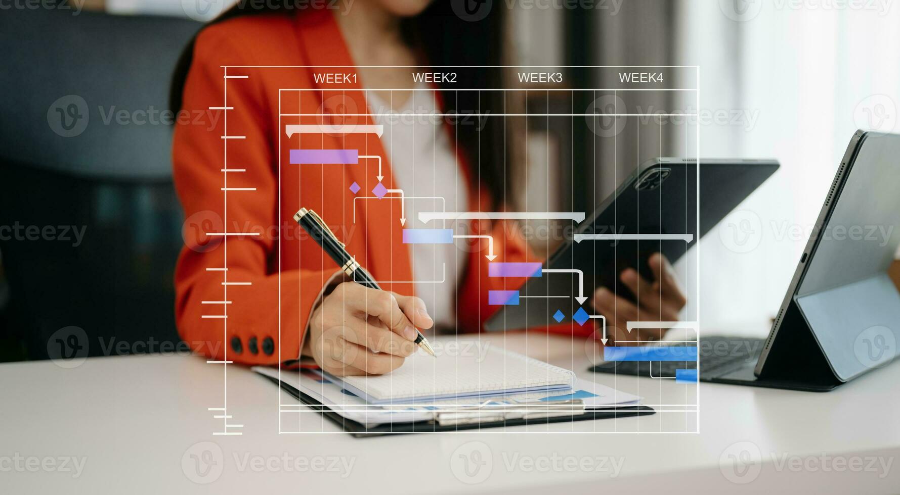 project manager che lavora e aggiorna le attività con la pianificazione dello stato di avanzamento delle pietre miliari e il diagramma di pianificazione del diagramma di Gantt. affari che lavorano con smartphone, tablet e laptop in ufficio. foto