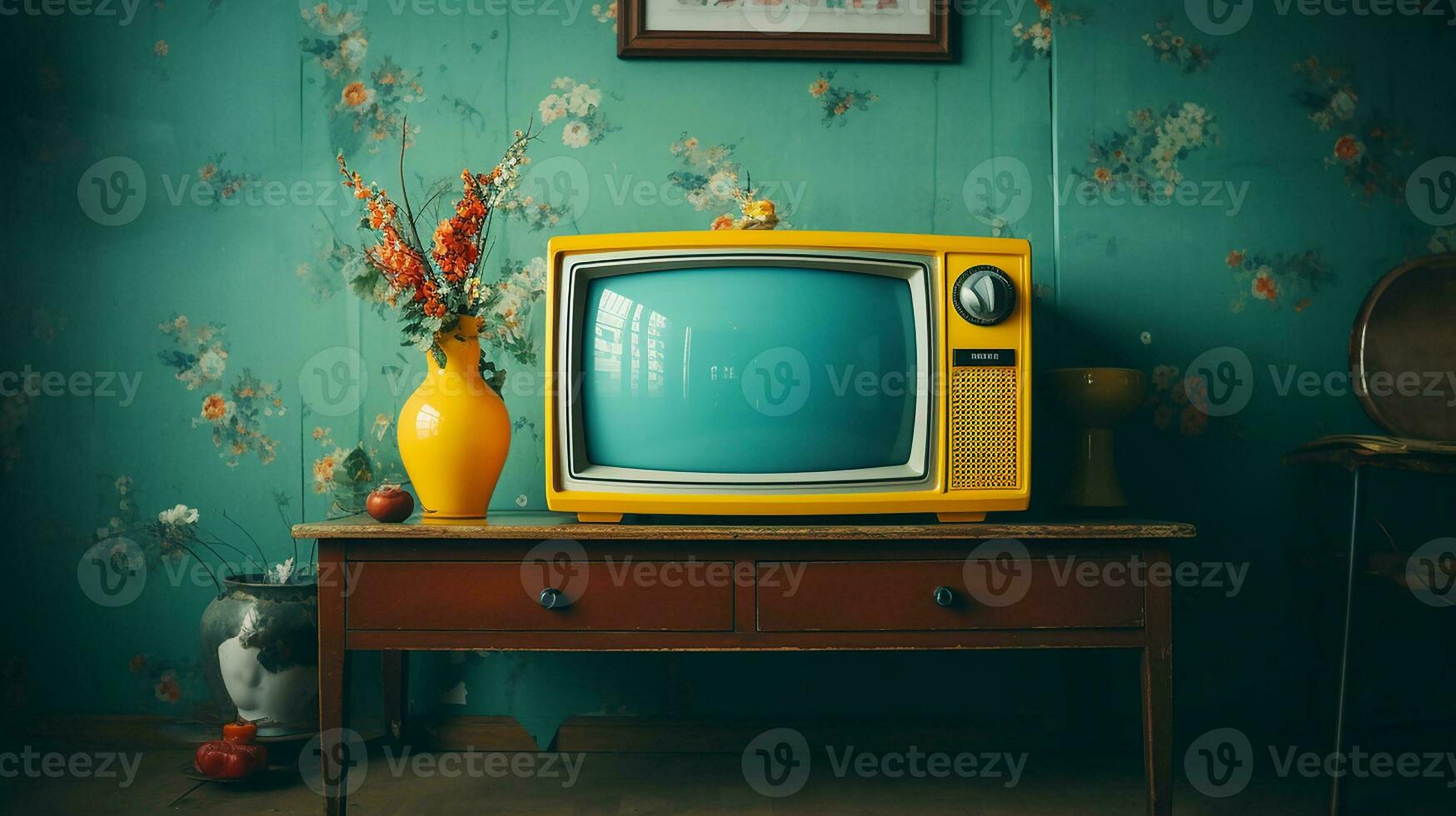 retrò vecchio televisione su il scrivania. anni 90 concetti. Vintage ▾ stile filtrato foto. generativo ai foto