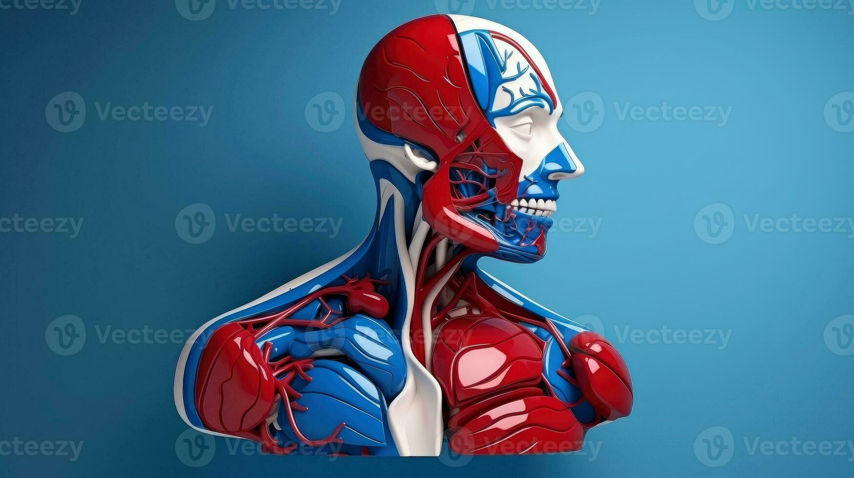 3d illustrazione modello di il umano organo sistema, anatomia, nervoso, circolatorio, digestivo, escretore, urinario e osso sistemi. medico formazione scolastica concetto, generativo ai illustrazione foto