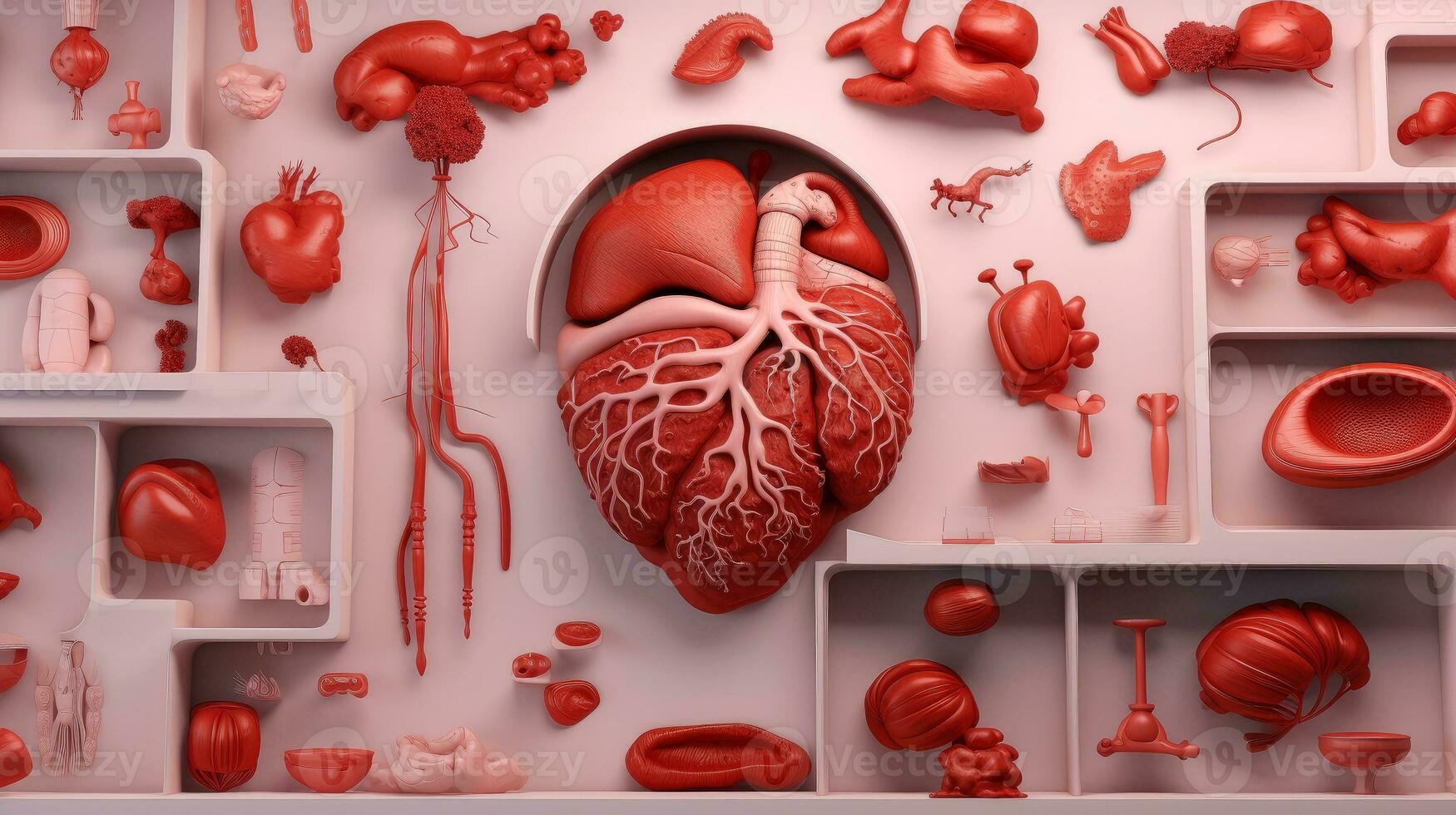 3d illustrazione modello di il umano organo sistema, anatomia, nervoso, circolatorio, digestivo, escretore, urinario e osso sistemi. medico formazione scolastica concetto, generativo ai illustrazione foto