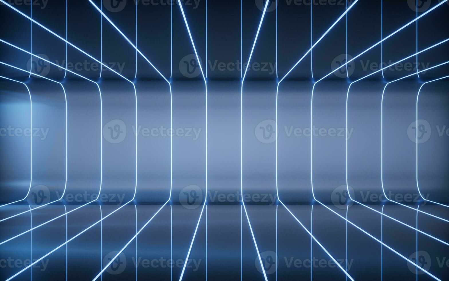 buio camera con neon Linee effetto, 3d resa. foto