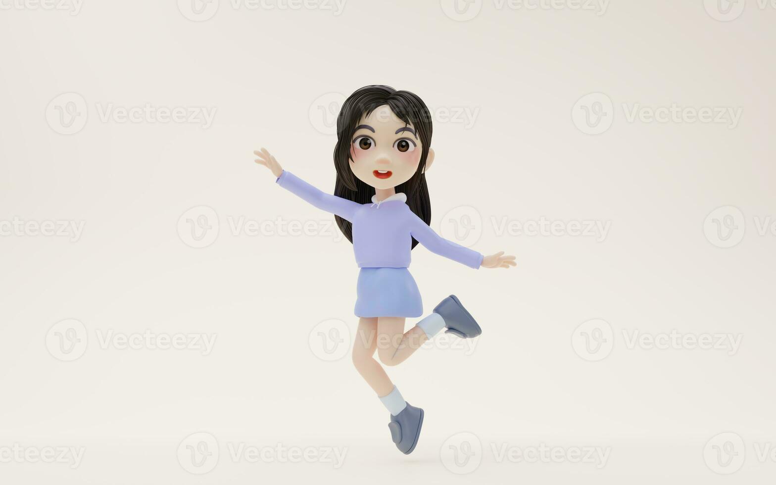 poco ragazza salto animatamente con cartone animato stile, 3d resa. foto
