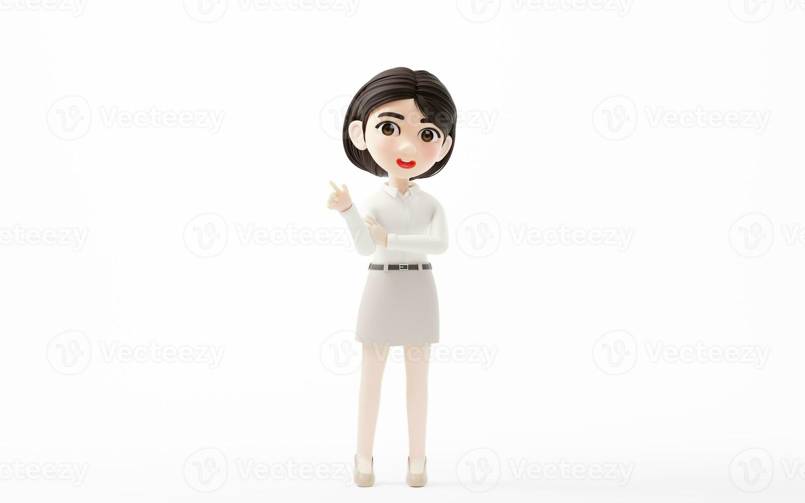 cartone animato ragazza con bianca camicia e cachi gonna, 3d resa. foto