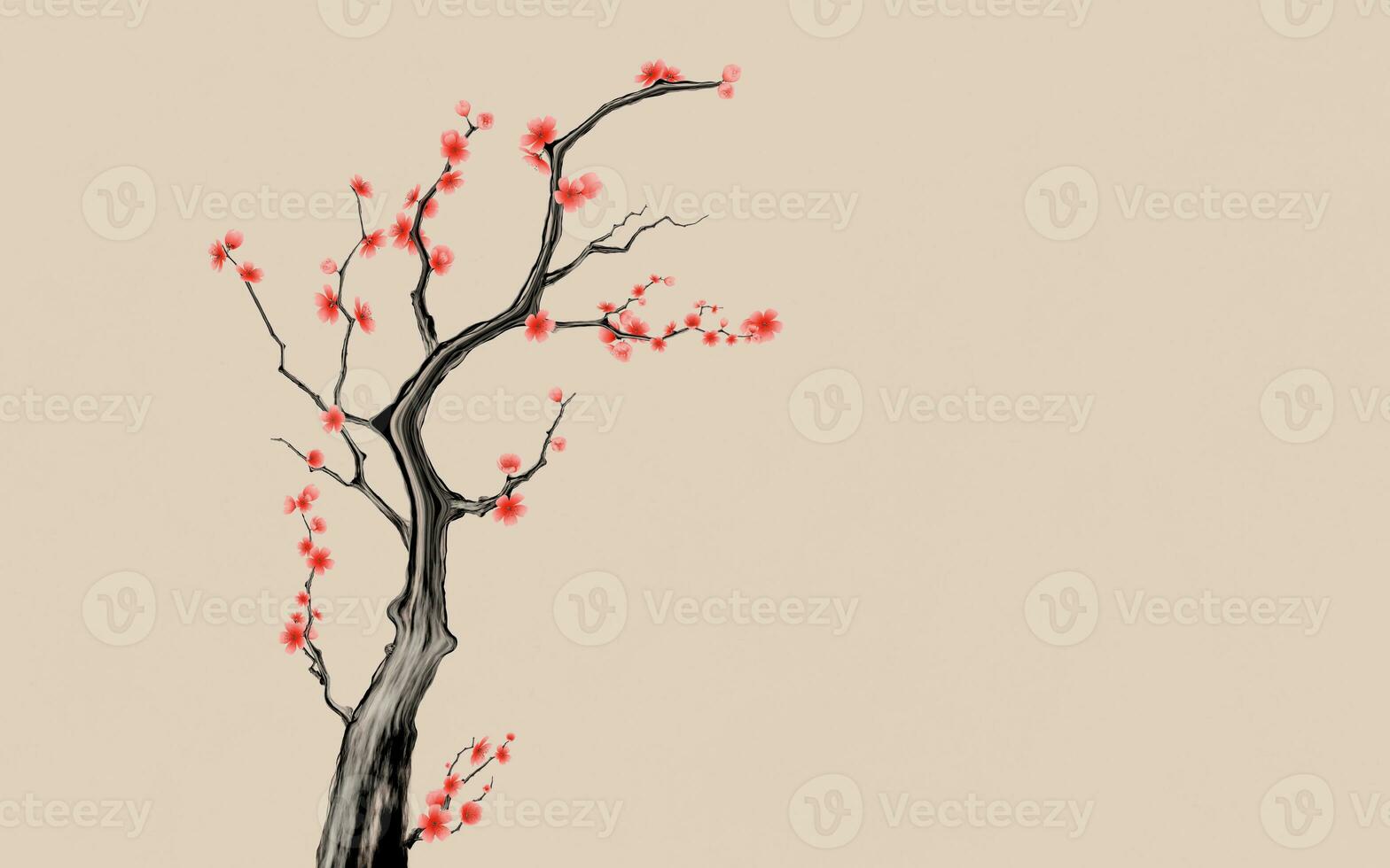 prugna fiorire con Cinese inchiostro pittura stile, 3d resa. foto