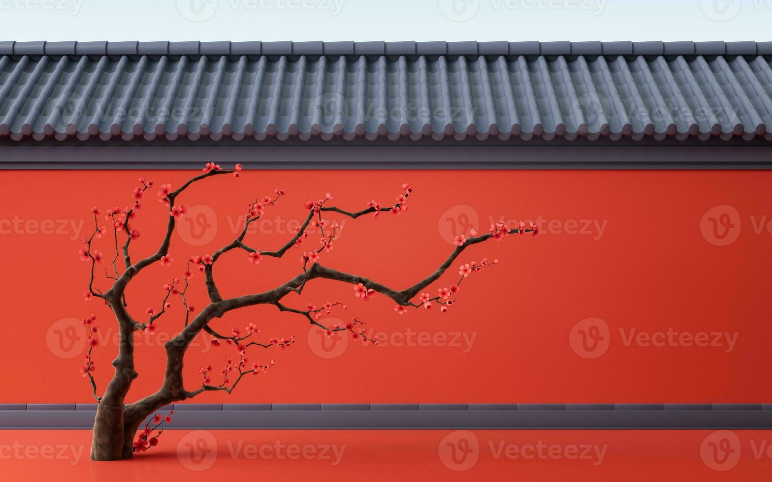prugna fiorire con Cinese antico parete, 3d resa. foto