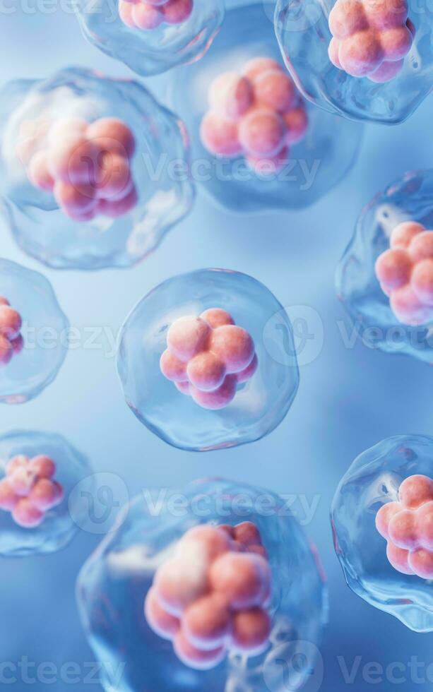 trasparente cellula con biotecnologia e cosmetico concetto, 3d resa. foto