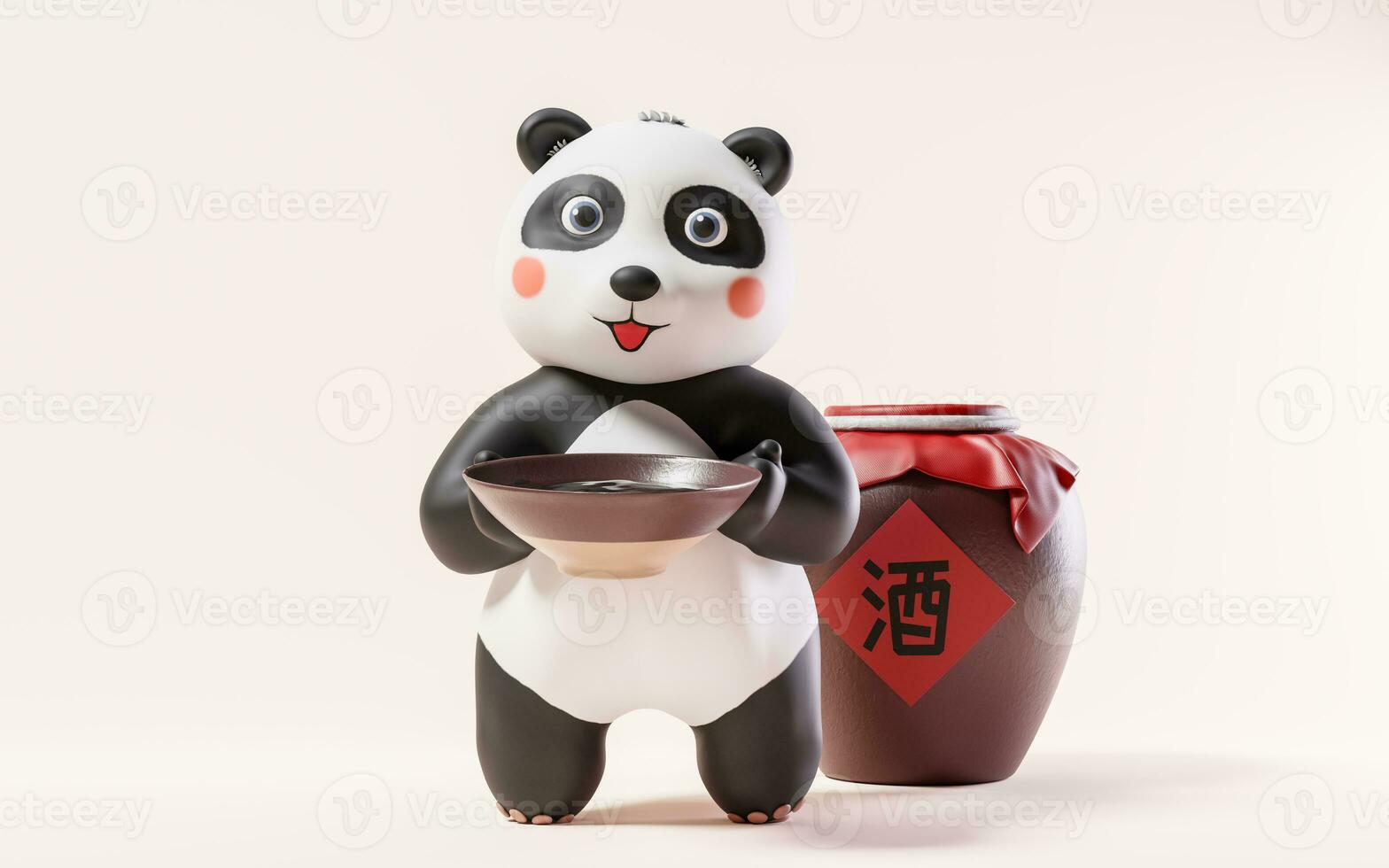 cartone animato panda e vino barattolo, 3d resa. tradurre su vaso vino. foto