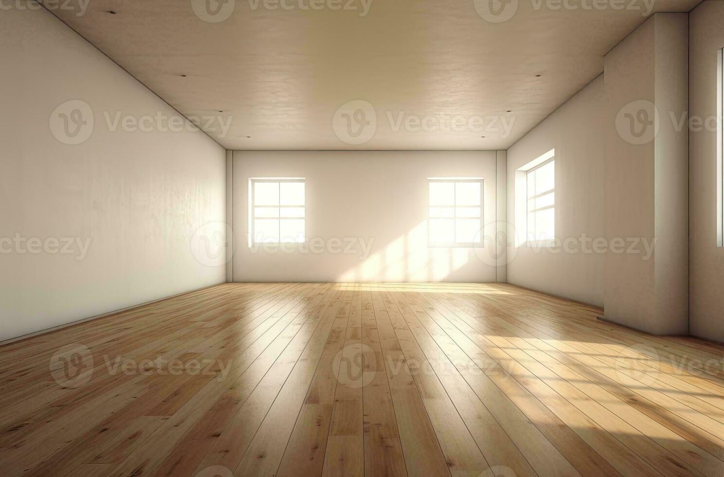 vuoto bianca camera con un' di legno pavimento. generativo ai foto