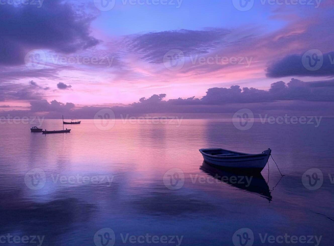 colorato paesaggio azione foto di tramonto al di sopra di il oceano e Barche.