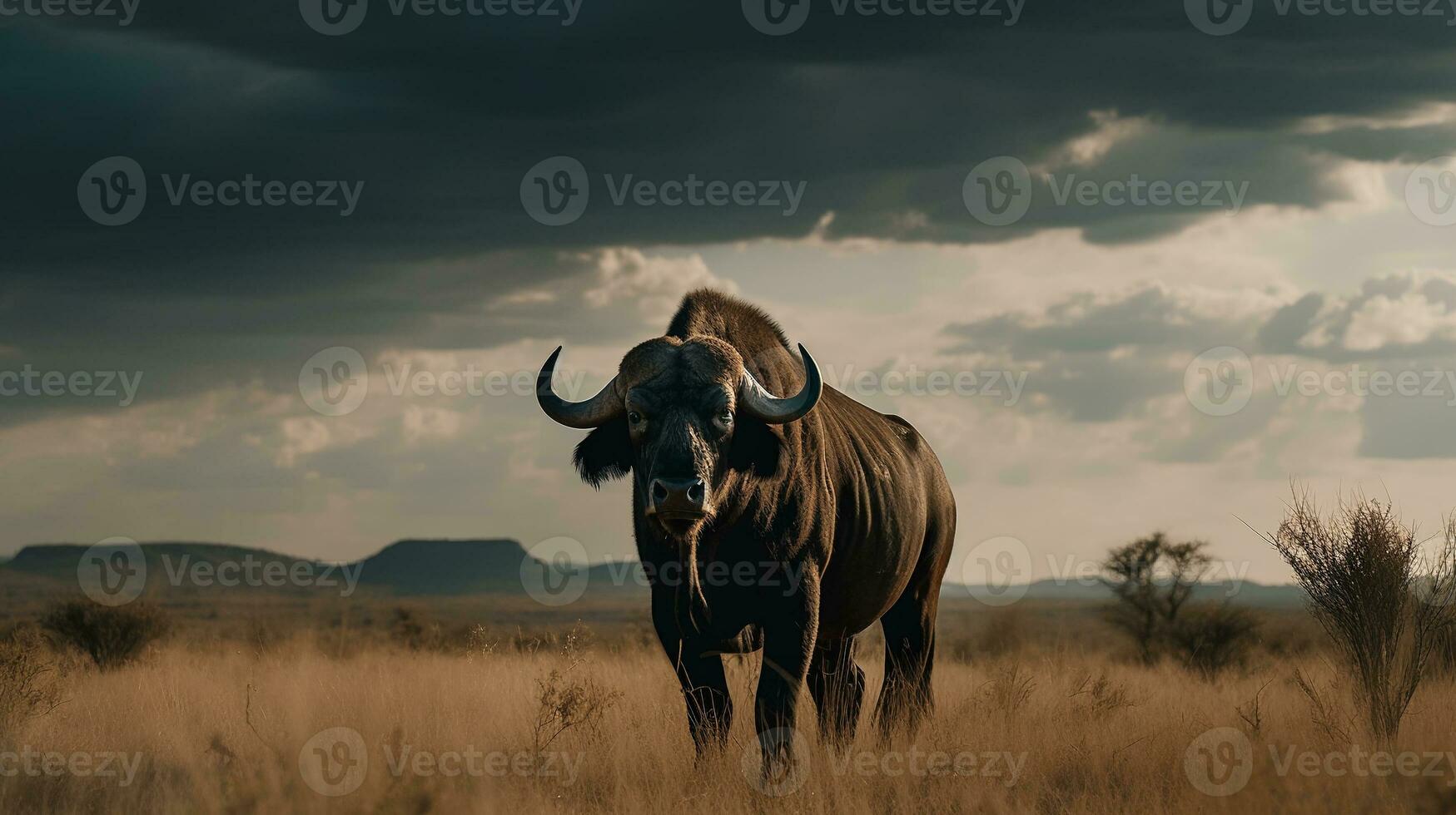 bufalo su il sfondo di il africano savana, caldo giorno, animali di Africa. ai generativo foto