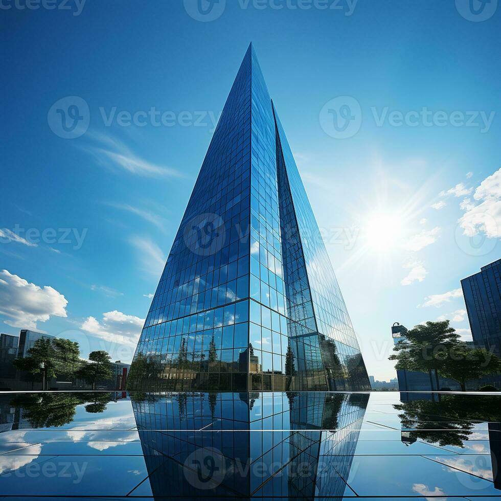 parte inferiore Visualizza di moderno grattacieli nel attività commerciale quartiere contro blu cielo ai generativo foto