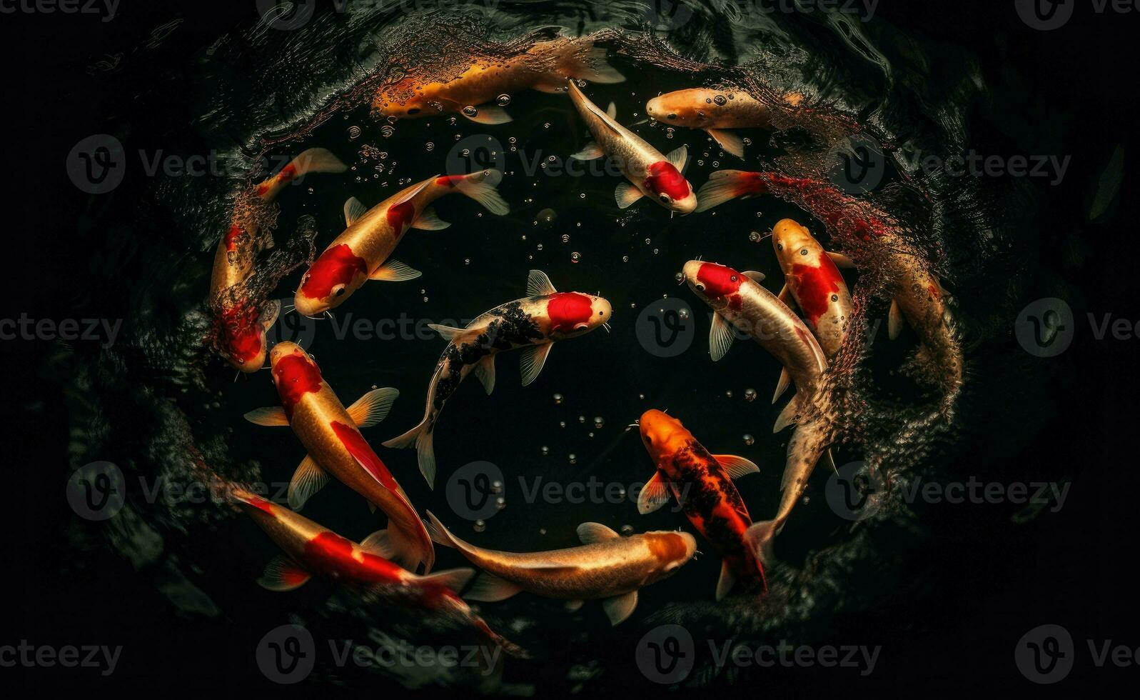 koi pesce colorato nuotare su il stagno nero sfondo ai generativo foto