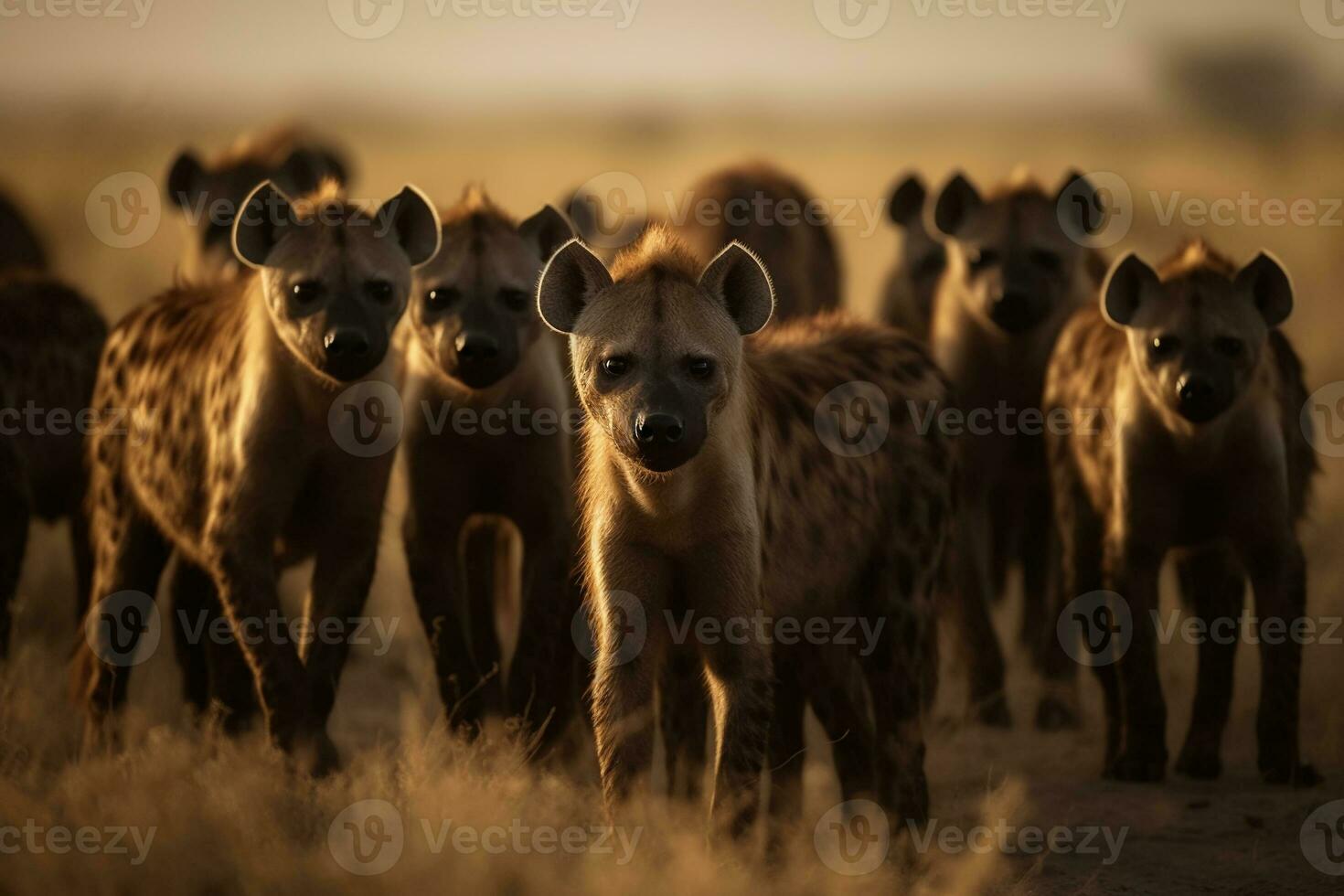 un' gregge di Iene su il sfondo di il africano savana, caldo giorno, animali di Africa. ai generativo foto