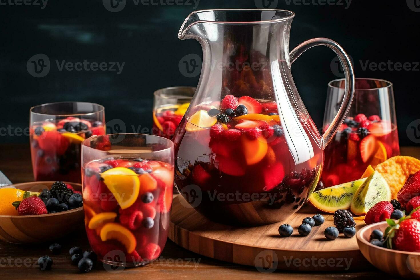 Sangria a partire dal fresco frutta e frutti di bosco nel un' bicchiere brocca con Ghiaccio. estate frutta cocktail. ai generativo foto