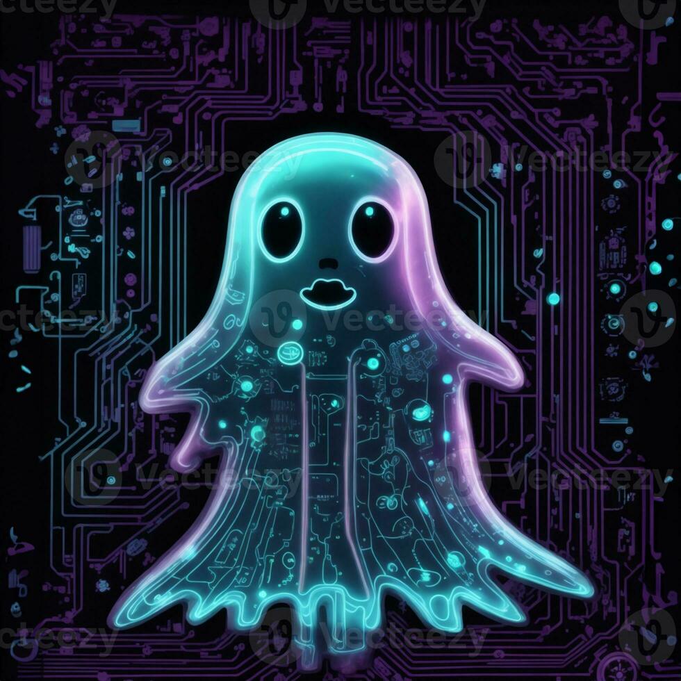 moderno fantasma di computer, e, Internet o elettronica su processore sfondo, divertente Halloween grafico foto
