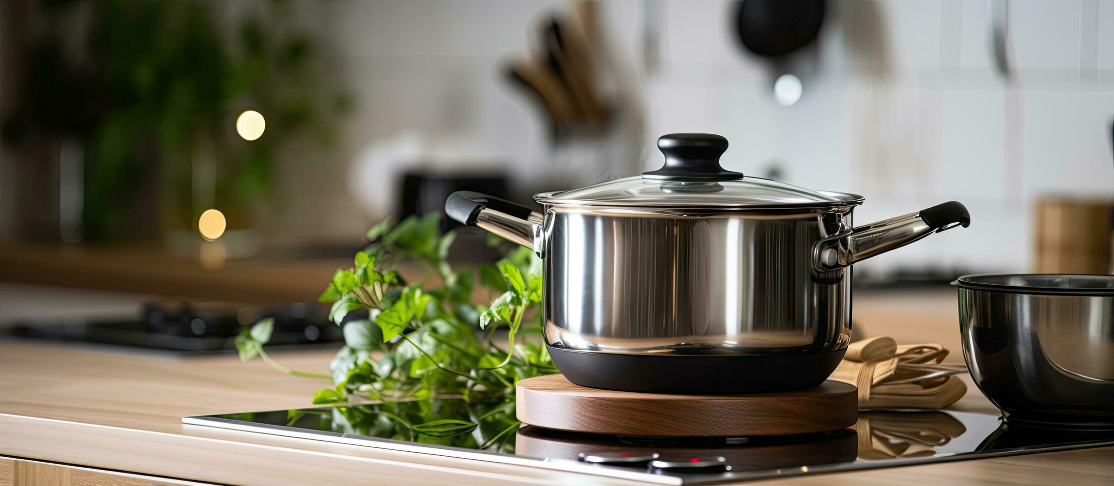 un' focalizzata Guarda a metallico pentola su elegante stufa nel contemporaneo cucina foto