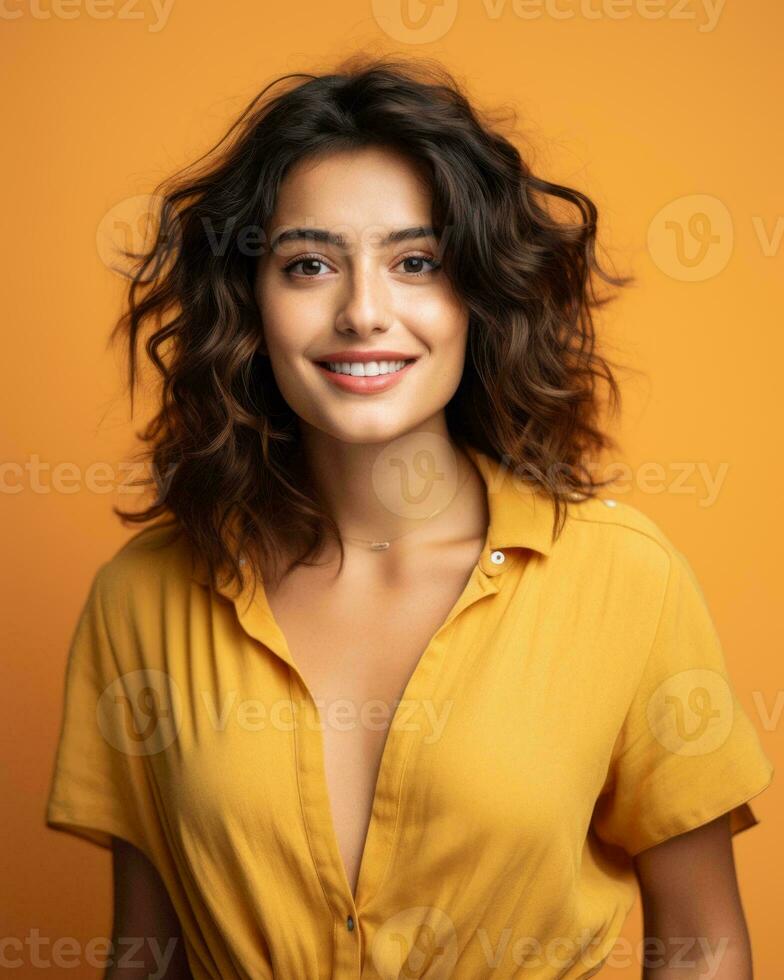 bellissimo giovane donna con Riccio capelli in posa per il telecamera su un arancia sfondo generativo ai foto