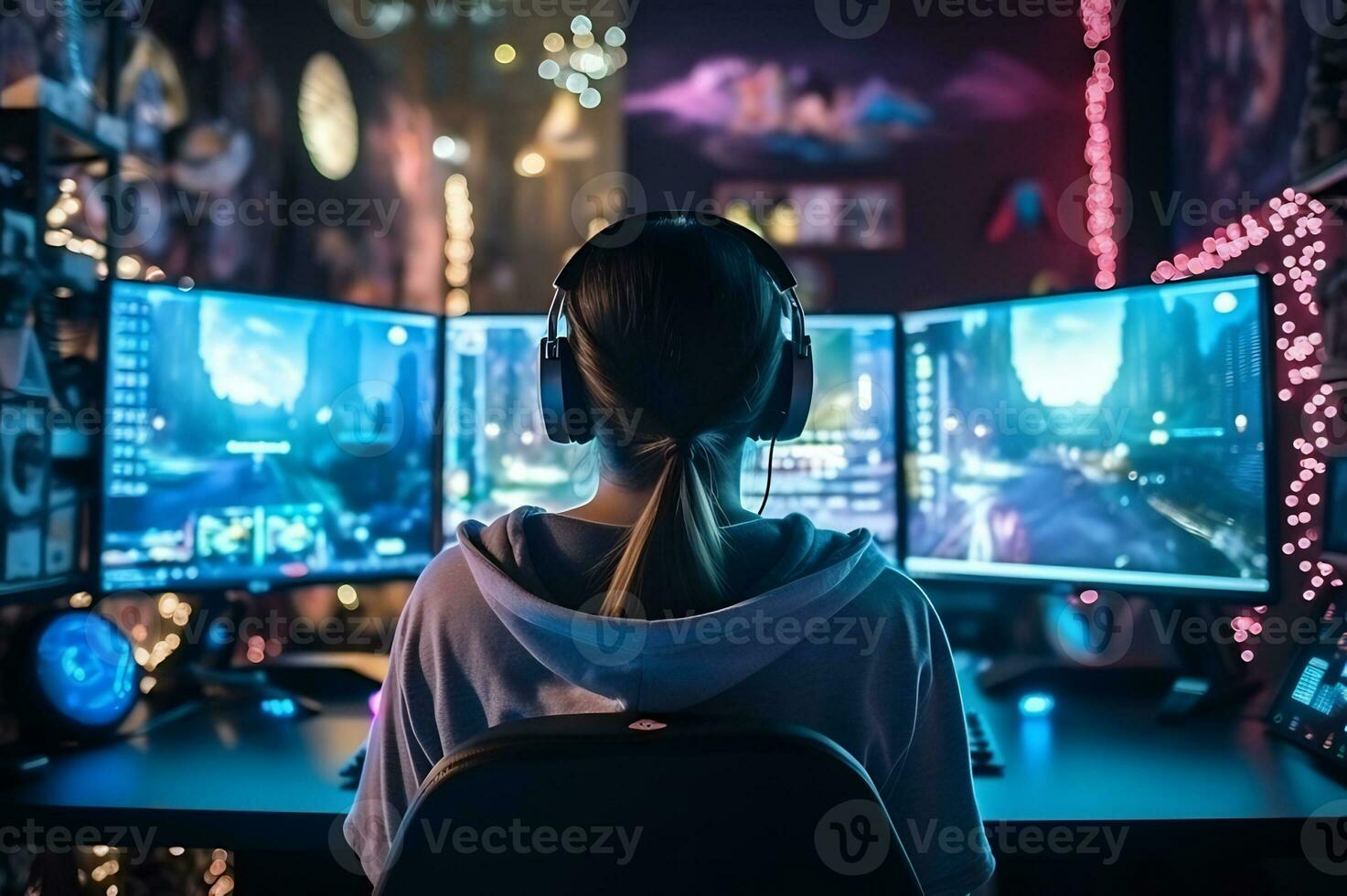 tiro di gamer ragazza è seduta di il pc foto