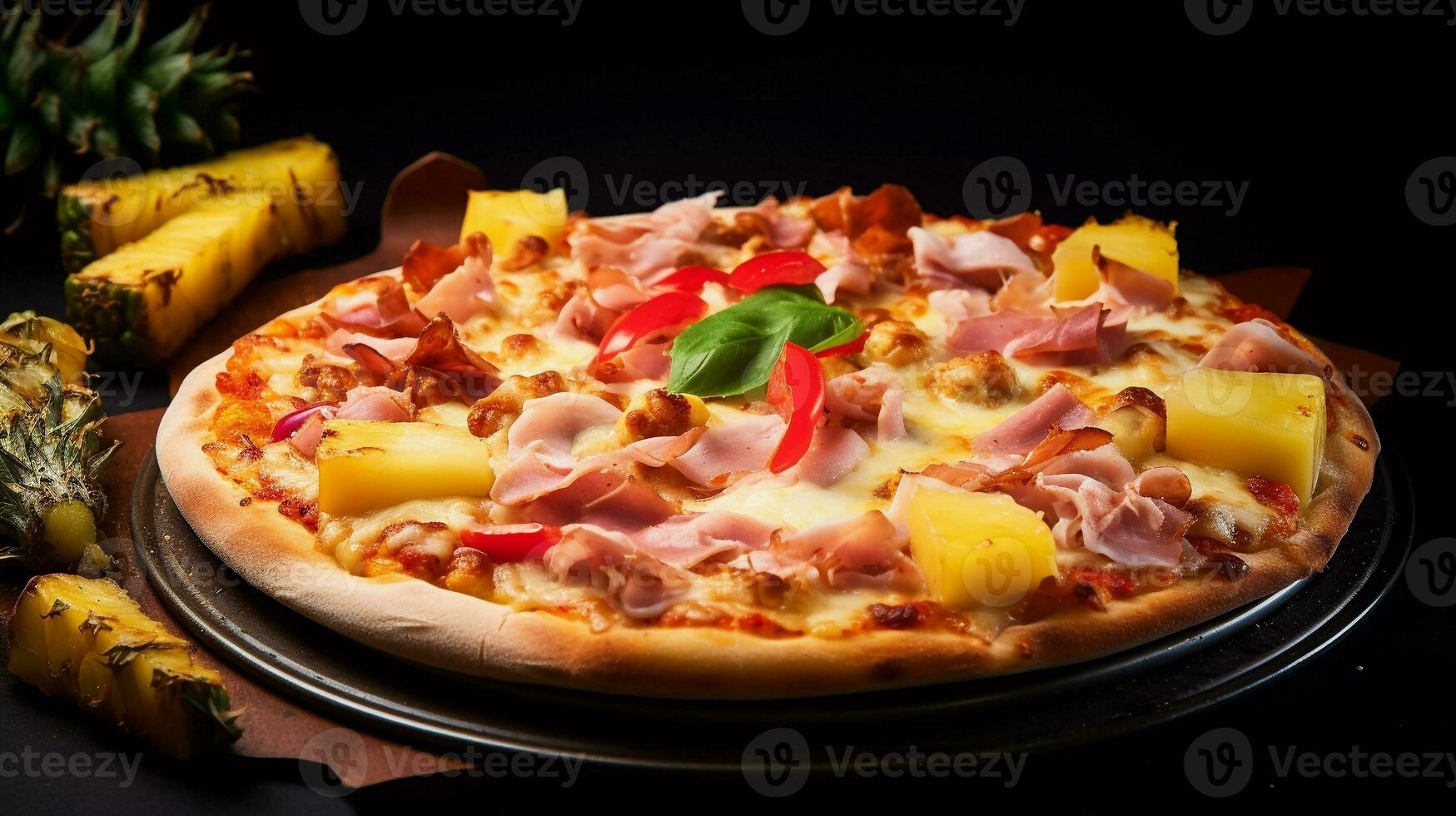 appetitoso hawaiano Pizza, composto con prosciutto, grigliato pollo, Bacon, ananas, verde peperoni, cipolle, giallo salsa, Mozzarella formaggio, ricotta, grattugiato parmigiano come condimenti foto