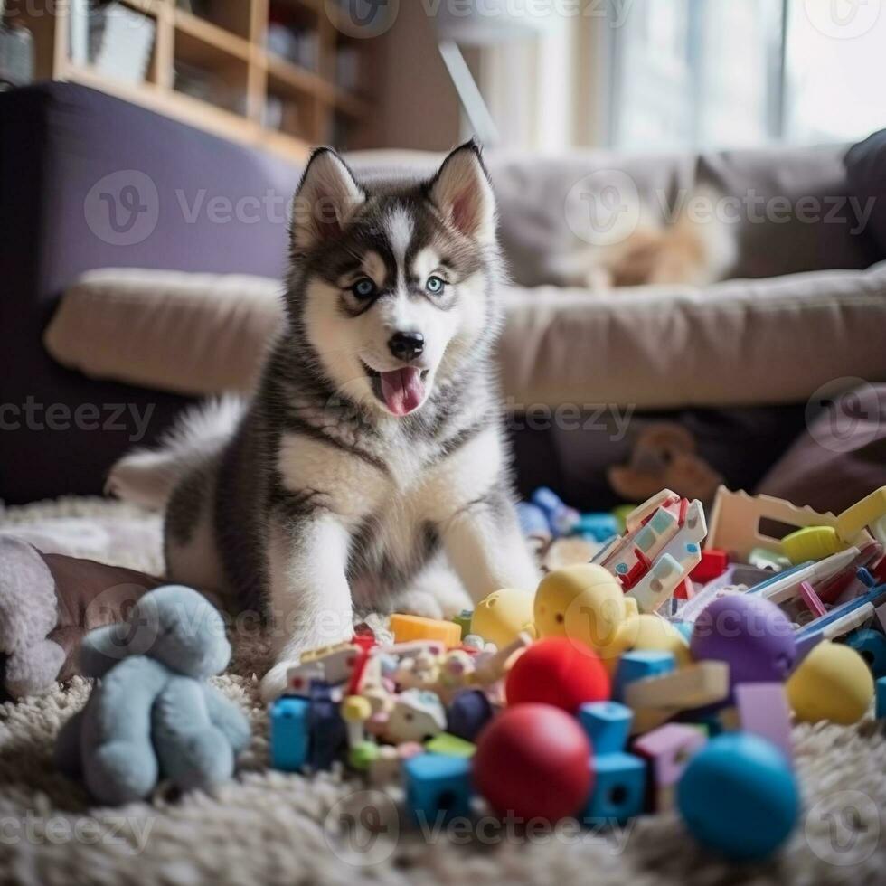 carino cucciolo giocando con il suo giocattoli nel vivente camera. cucciolo con divertente Guarda. foto