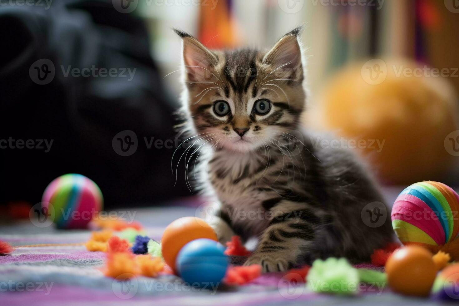 domestico animale concetto. carino gattino giocando con il suo giocattoli nel vivente camera. gattino con divertente Guarda. foto