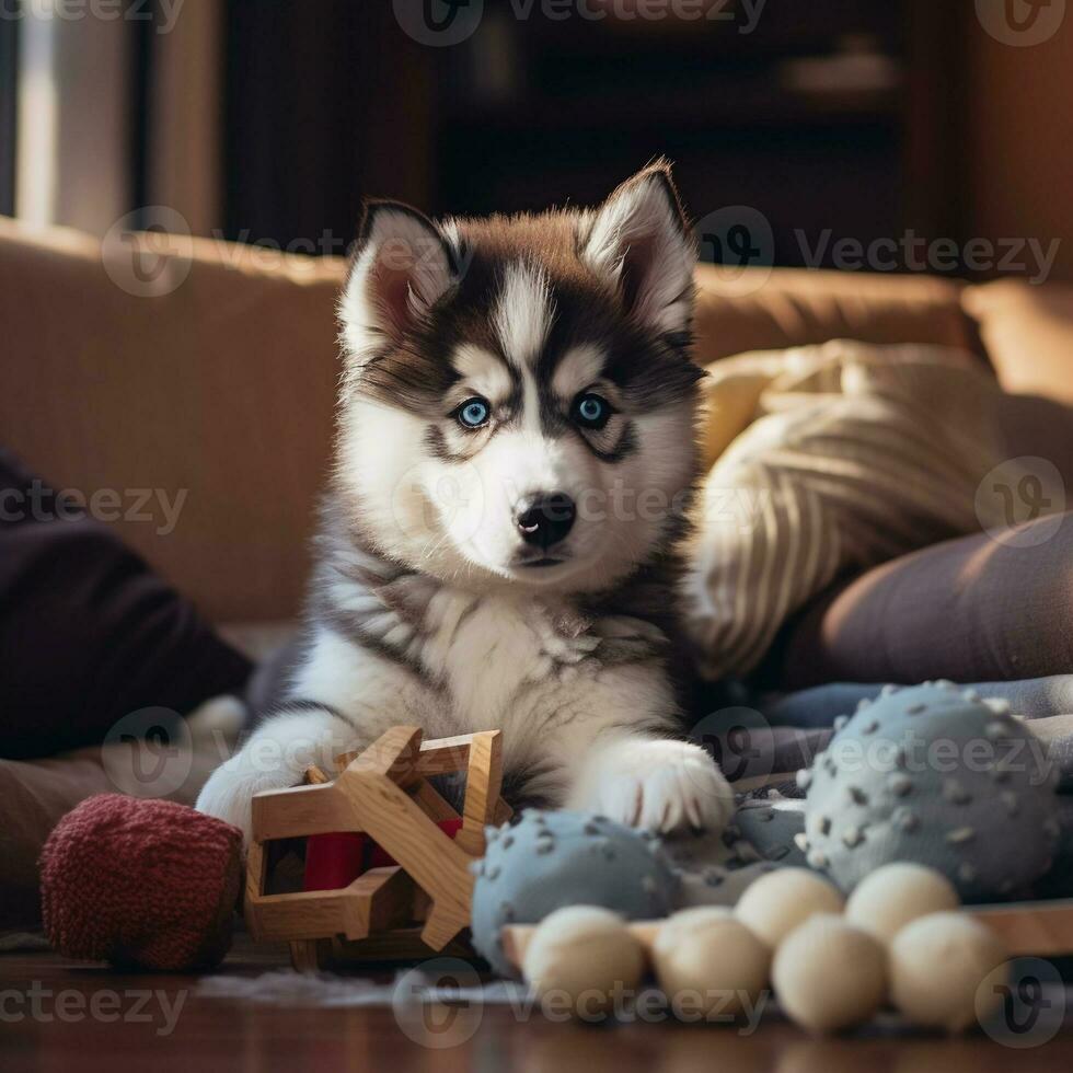 carino cucciolo giocando con il suo giocattoli nel vivente camera. cucciolo con divertente Guarda. foto