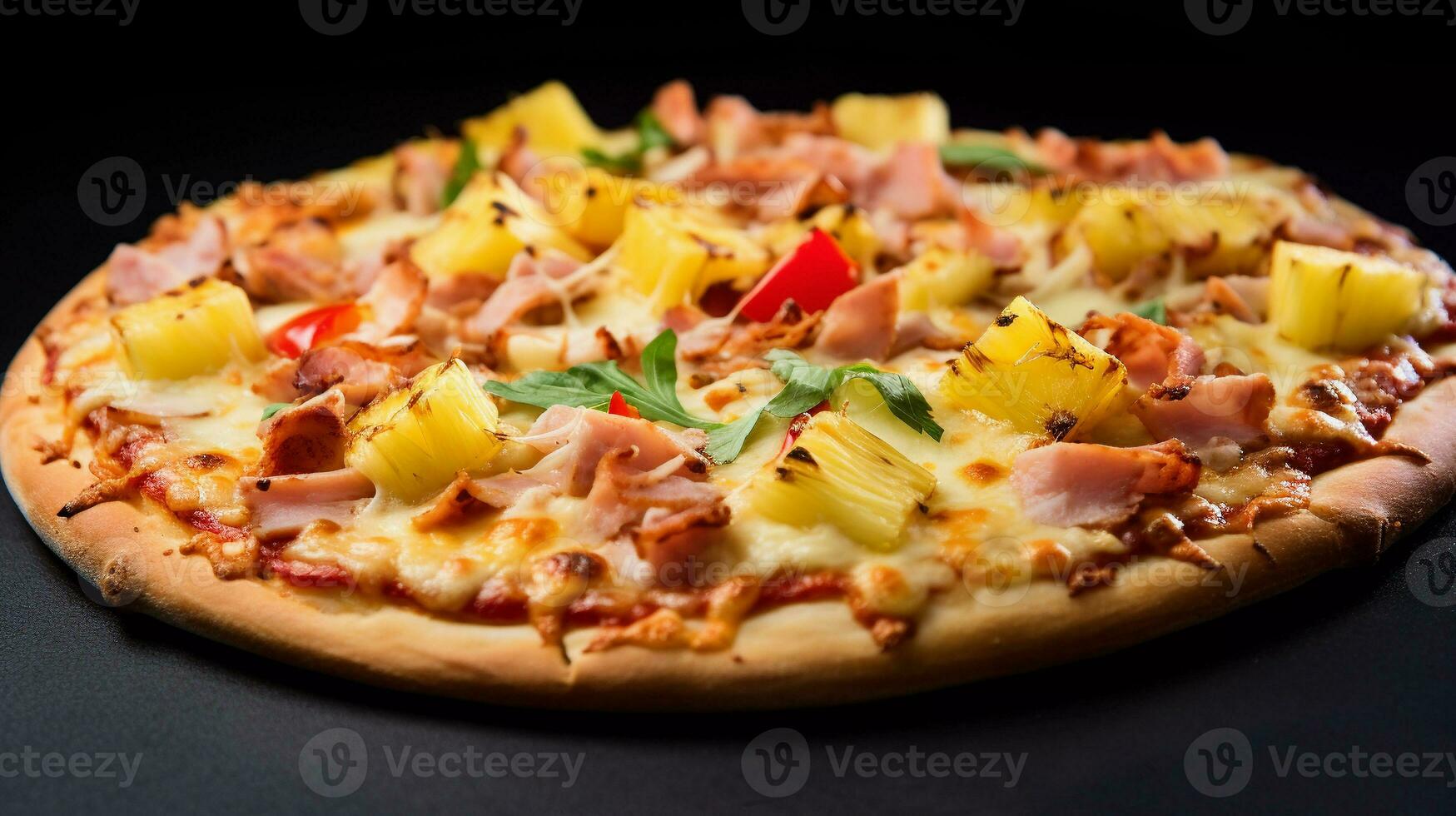 appetitoso hawaiano Pizza, composto con prosciutto, grigliato pollo, Bacon, ananas, verde peperoni, cipolle, giallo salsa, Mozzarella formaggio, ricotta, grattugiato parmigiano come condimenti foto