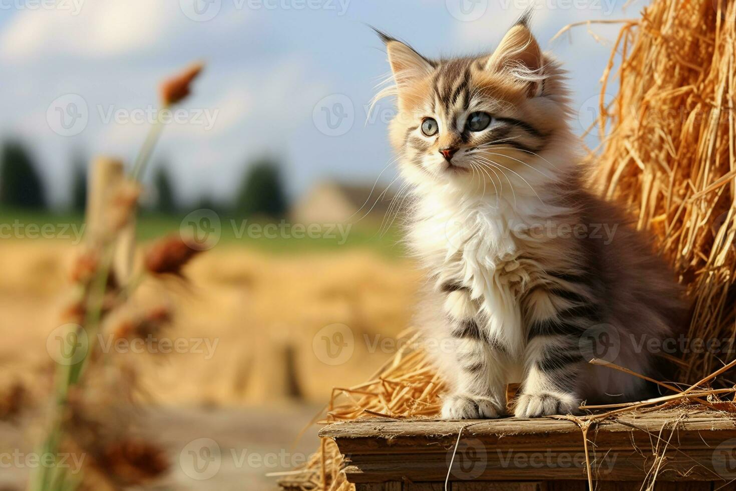 carino gattino nel poco azienda agricola. gattino con divertente Guarda foto