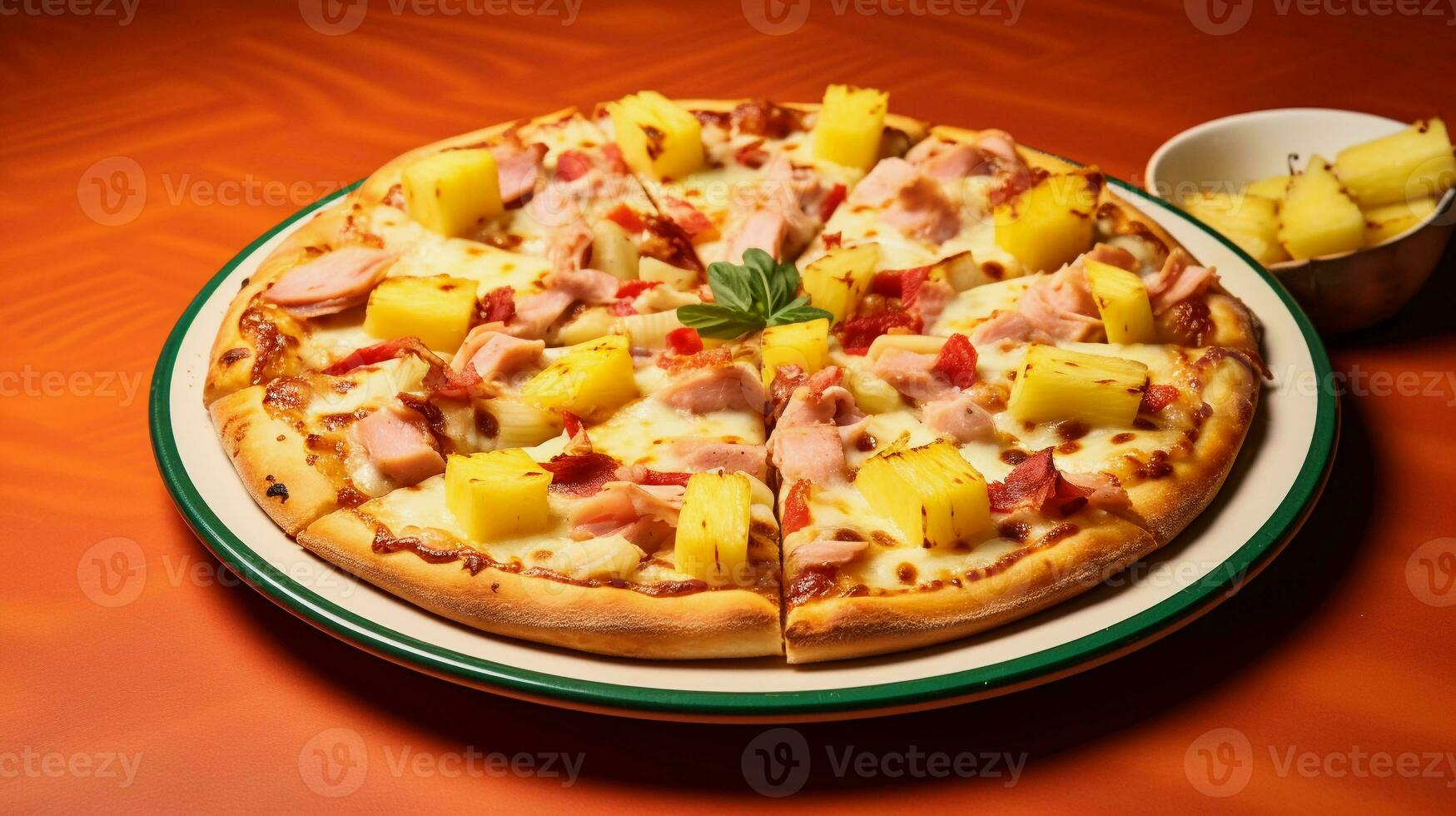 appetitoso hawaiano Pizza, composto con prosciutto, grigliato pollo, Bacon, ananas, verde peperoni, cipolle, giallo salsa, Mozzarella formaggio, ricotta, grattugiato parmigiano come condimenti foto