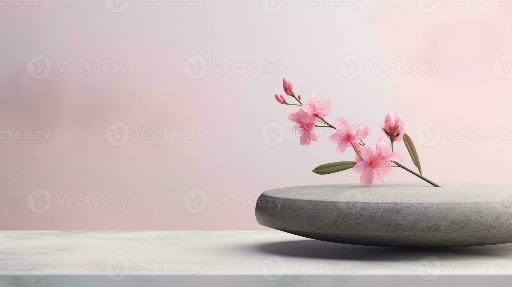 un' minimalista scena di un' dire bugie pietra con fiori su un' leggero pastello sfondo. vetrina per il presentazione di naturale prodotti e cosmetici. foto