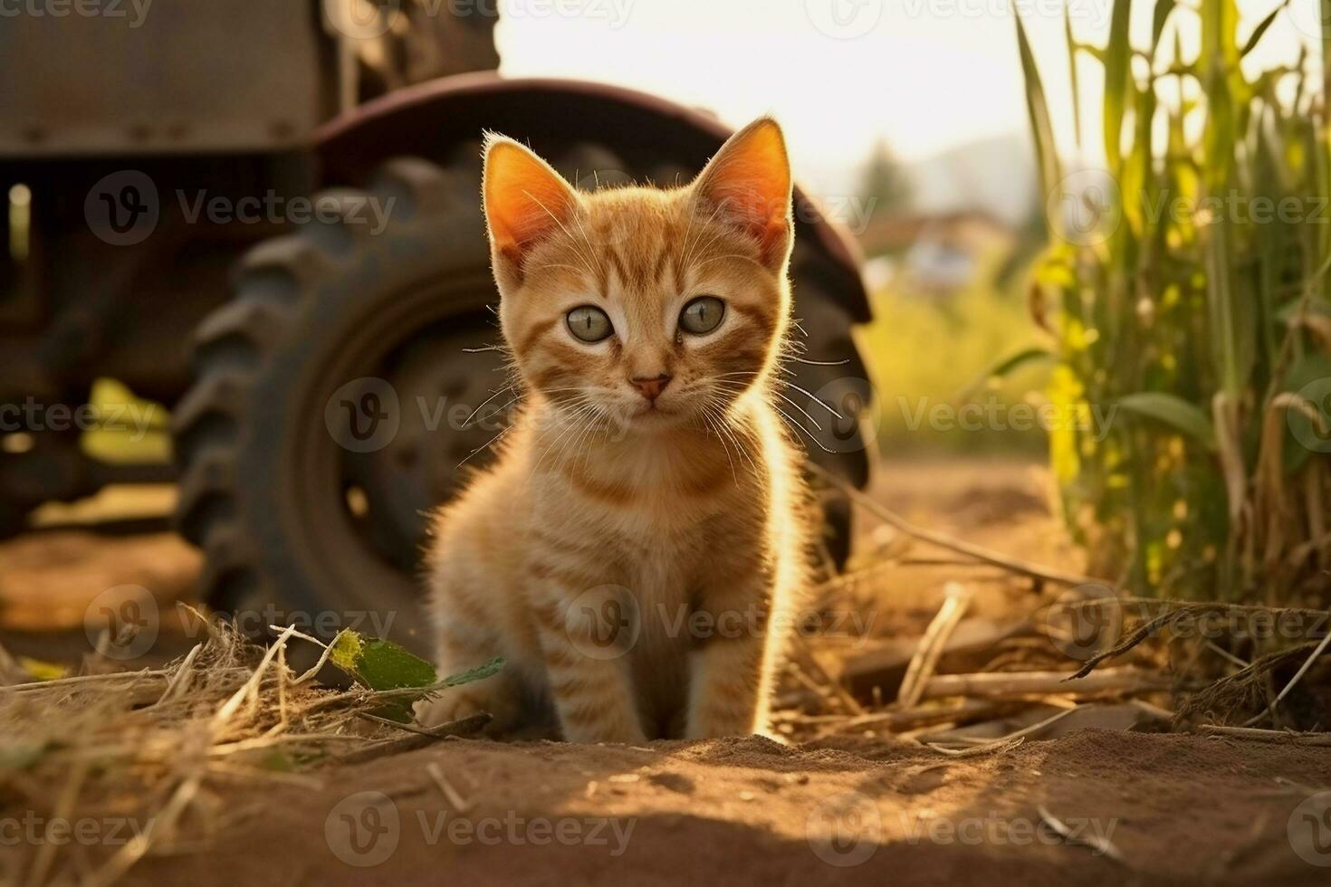 carino gattino nel poco azienda agricola. gattino con divertente Guarda foto