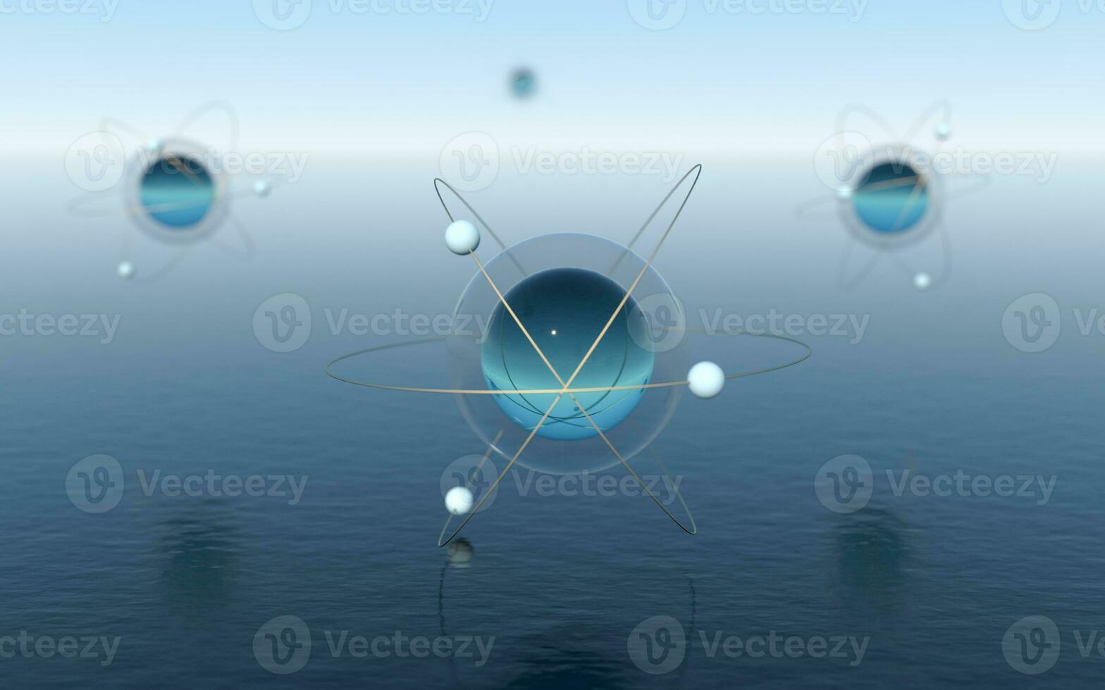 molecola sfera al di sopra di il calma oceano, fantastico scena, 3d resa. foto