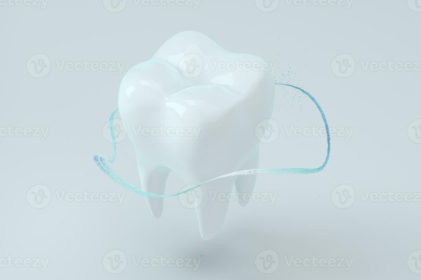 bianca dente con blu pendenza particelle circondato, 3d resa. foto
