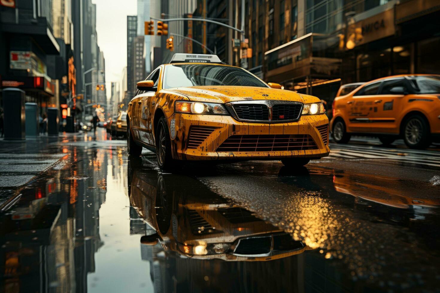 la cabina gialla accelera attraverso times square a New York, New York, Stati Uniti. foto