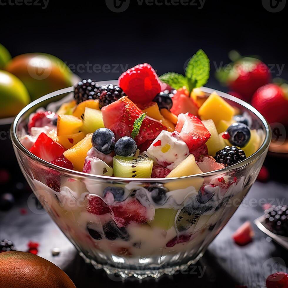 realistico foto di frutta insalata. avvicinamento cibo fotografia. ai generato