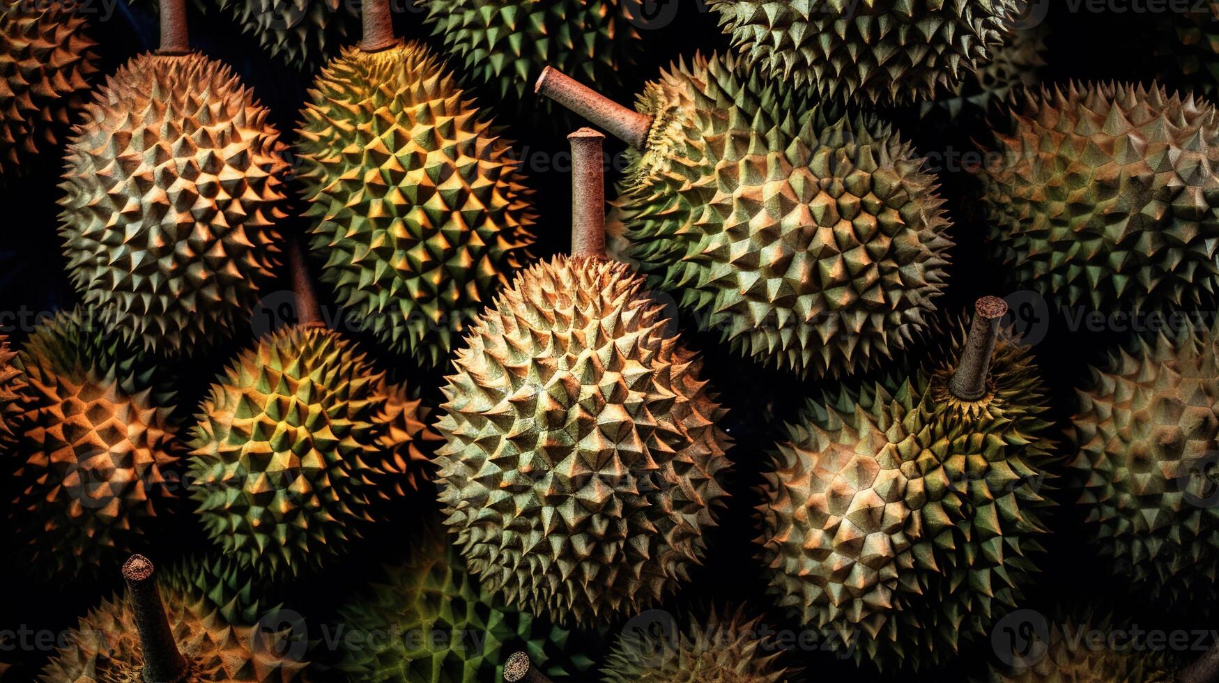 realistico foto di un' mazzo di durian. superiore Visualizza frutta scenario. ai generato